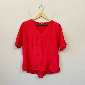 PEOPLE LIKE FRANK Short Sleeve Linen V-Neck Blouse Button Accents Red